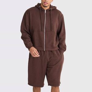 Conjunto de Sudadera con Capucha y Cremallera para Hombre, Color Marrón, con Pantalones Cortos Casuales de Felpa, Atuendo Combinado para Otoño, de Algodón Tejido, Color Sólido - Product Image 1