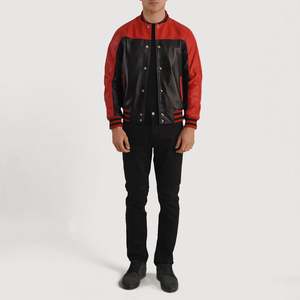 Blouson Bomber en Cuir pour Homme, Rouge et Noir, Col Montant, Fermeture Boutonnée, Coupe Droite, Style Décontracté, Idéal Automne - Product Image 6
