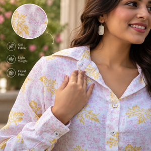 Camisa de Algodón con Estampado Floral y Botones al Frente |   Camiseta holgada y transpirable de manga larga amarilla para mujer |   Blusa Informal para el Trabajo de Primavera/Verano - Product Image 2