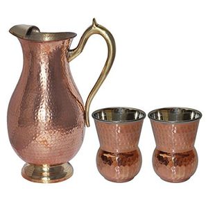 Carafe en cuivre artisanale avec couvercle et verres, ensemble de vaisselle en métal pour servir de l'eau ou du jus, durable, réutilisable, pour la cuisine. - Product Image 3