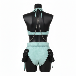 Ensemble de bikini pour femme en coton mélangé premium 220 GSM, vert menthe, avec lacets et logo personnalisé imprimé. - Product Image 2