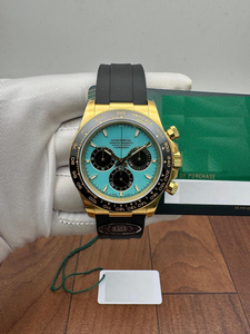 Montre chronographe en or de haute qualité, cadran bleu turquoise, sous-cadrans noirs, lunette tachymetre en acier inoxydable, mouvement ETA - Product Image 2