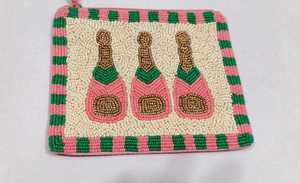 Handmade Rectangular Beaded <b>Purse</b> With <b>Pink</b> Champagne Bottles Design Canvas Foundation Craft Gift - Product Image 4