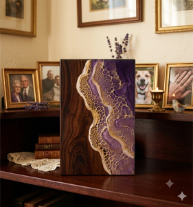Wood <b>Memorial</b> Photo Frame Resin Urn <b>Keepsake</b> Box Purple Gold Ripple Funeral Tribute Decor - Product Image 1