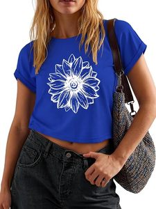 Chemisier court à imprimé floral bleu pour femme, manches courtes, col rond, coupe décontractée ample, 100 % coton, printemps-été - Product Image 3