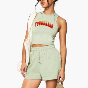 Conjunto de Dos Piezas para Mujer, Color Verde Claro, Manga Corta, Cuello en V, Corte Regular, Tejido de Punto para Otoño, Poliéster y Algodón Transpirable, Color Sólido - Product Image 1