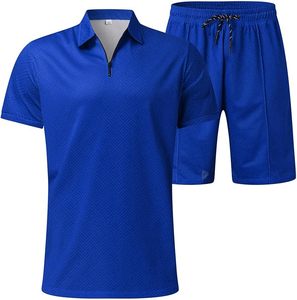 Ensemble polo et short pour homme, bleu uni, tricoté, manches courtes, séchage rapide, décontracté, pour l'été - Product Image 1