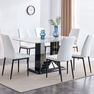 Set da Pranzo Moderno Nero in 7 Pezzi con Tavolo in Finto Marmo, Tavolo da Cucina Rettangolare in Vetro per 6-8 Persone - Product Image 2