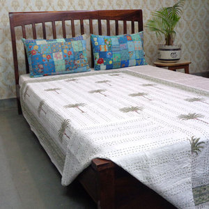 Handmade Cotton Kantha Twin Quilt <b>Throw</b> 150x220 cm Hand Block Printed Hand Embroidered Indian Bedspread Boho Home Textile Export - Product Image 4