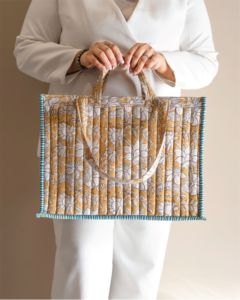Floral Printed Large <b>Shopping</b> Tote <b>Bag</b> Striped Trim Hand Length Handle <b>Zipper</b> Closure Cotton Textile Beach Tote Jaipur Originals - Product Image 2