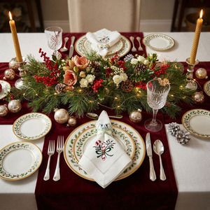 Vente en gros de serviettes de table de Noël avec canne en bonbon et houx brodées personnalisées serviettes en tissu en coton avec ourlet pour la maison vacances d'hôtel - Product Image 5