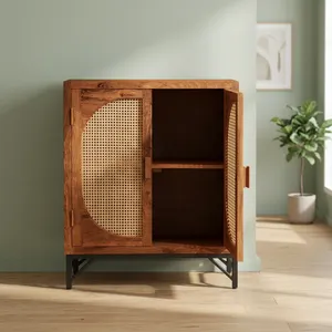 Mueble de Almacenamiento de Madera Vintage con Doble Puerta Tejida a Mano con Mimbre y Patas de Metal, Mueble Rústico para Dormitorio o Sala de Estar - Product Image 6
