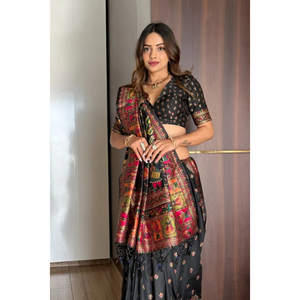 Sari en soie cachemire noire Elite Weaves avec motif tissé en zari, châle de style pashmina 700g - Product Image 2