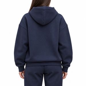 <b>Women's</b> Solid Navy <b>Blue</b> <b>Hoodie</b> Pullover Sweatshirt Drop Shoulder Long Sleeve Casual Top - Product Image 2