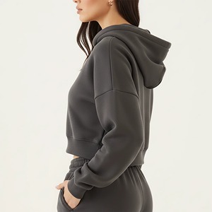 Sudadera Corta con Capucha y Cierre para Mujer, Color Sólido, Material de Felpa, Logotipo Frontal, Ropa Casual de Calle, para Otoño - Product Image 4