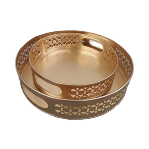 Premium <b>Vintage</b> Modern Hot Sale Round Shape Serving Tray with etching pattern Gold Finished For Home Decoration & <b>Kitchen</b> Usage - Product Image 1