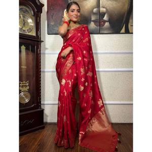 ATTRACTIVE BANARASI <b>SILK</b> GOLD ZARI WORK SAREE WITH UNSTITCHED BLOUSE <b>RED</b> - Product Image 1