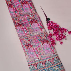 ผ้าแจ็คการ์ดเนื้อนุ่มสีชมพูอ่อน ยี่ห้อ AMBICA PRINT ผ้าฝ้ายโบรเคดลายมูฮัล ช้าง นกยูง ขนาด 54/55 นิ้ว - Product Image 4