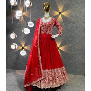 Salwar Kameez pour femmes, vêtements de fête, broderie en géorgette, travail de séquence, avec dupatta, rouge, Pishwas/Anarkali, viscose, lin, soie, rayonne - Product Image 1