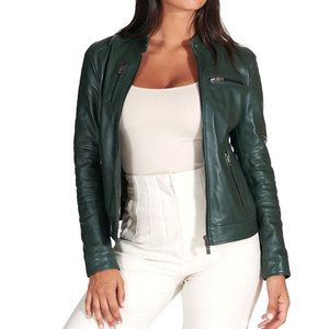 Veste de motard en simili cuir vert foncé pour femme, fermeture éclair, col montant, manches longues, veste de motard tendance pour femme - Product Image 5