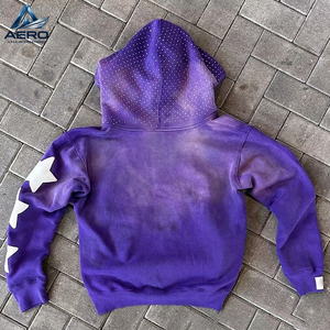 En gros, Sweats à capuche zippés pour hommes en polaire délavée à l'acide, avec strass rouges, texte imprimé en relief sur la manche et motif étoile - Product Image 6