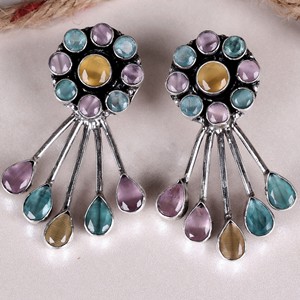 Boucles d'oreilles pendantes tendance en laiton oxydé avec pierre œil-de-chat colorée, motif floral rond, bijoux pour femme, cadeau, vente en gros - Product Image 3
