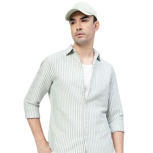 Camisa de hombre a rayas con cuello extendido y alto contenido de lino – Camisa informal de verano ligera y cómoda con cierre de botones - Product Image 1