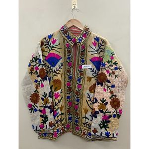 Veste en coton Suzani brodée à la main pour femme, col en V, respirante, motif floral Kantha, pour mariage, hiver, été, cadeau de demoiselle d'honneur - Product Image 2