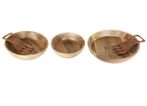 Bol à salade en bois d'acacia de haute qualité, ensemble de 2 fourchettes en forme de main, design moderne, bols de service, cuisine, salle à manger, fabrication artisanale au Vietnam - Product Image 4