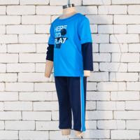 Ensemble de sport décontracté 2 pièces, t-shirt à imprimé superposé bleu et pantalon extensible |   Tenue pour garçons 2025 |   Fabrication OEM au Vietnam, vente en gros