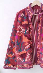 Veste en velours rouge brodée de fleurs pour femmes, style bohème, col mandarin, manteaux pour femmes, veste bohème pour femmes, col mandarin, velours rouge - Product Image 3