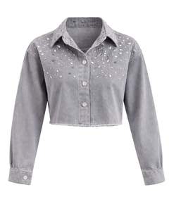 Chaqueta Vaquera Corta Gris Personalizada para Mujer con Cierre de Botones Frontales con Pedrería, Manga Larga, Estilo Urbano, Top para Fiesta - Product Image 1