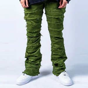 Jeans déchirés vert pour homme - Coupe slim, design patchwork, streetwear tendance, pantalon en denim décontracté - Product Image 4