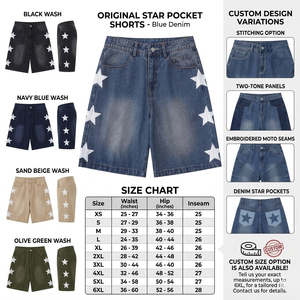 Shorts de mezclilla con parches de estrellas estilo streetwear - Proveedor mayorista OEM ODM de shorts de mezclilla azules lavados de talla grande - Product Image 3