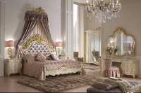 Viktorianisches Kingsize-Bettset mit Gepolstertem Faserkopfteil Antiker Holzrahmen Schlafzimmermöbel Royal Collection Schlafzimmer-Set