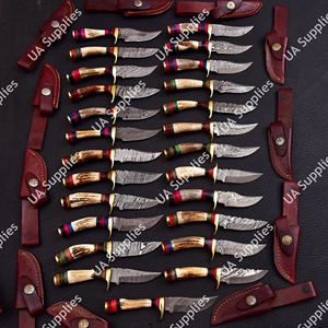 มีดทำมือเหล็กดามัสกัสแบบขายส่ง ใบมีดแบบดรอปพอยต์อเนกประสงค์ สำหรับตั้งแคมป์ ล่าสัตว์ กู้ภัย ด้ามเขาสัตว์ - Product Image 3