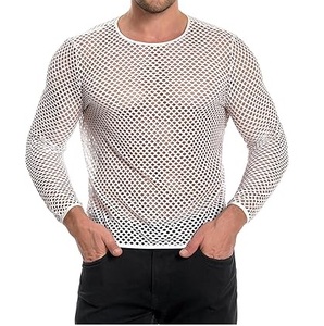 Camiseta de malla transparente blanca para hombre, sexy, de manga larga, para discoteca, para bailarines, para fiestas y actuaciones. - Product Image 1
