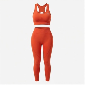 Conjunto de Yoga Naranja de 2 Piezas, Top Corto Deportivo, Leggings de Cintura Alta, Transpirables, Sin Costuras, Ropa Deportiva para Mujer - Product Image 1