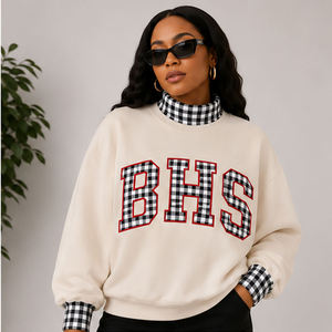 BHS Premium <b>Mock</b> <b>Neck</b> Crew <b>Neck</b> Sweatshirt Women Men Ladies Unisex Chenille Letter Tackle Twill Applique Embroidery University C - Product Image 1