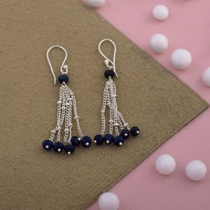 Boucles d'oreilles pendantes longues en lapis-lazuli naturel avec chaîne à pampilles, bijoux bohèmes en pierre précieuse bleue, vente en gros, accessoires de mode pour femmes - Product Image 4