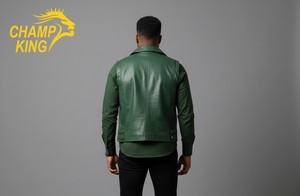 Gilet de motard en cuir vert pour homme Champ King, style moto, col rabattu, fermeture éclair, vêtement d'extérieur pour l'automne - Product Image 5