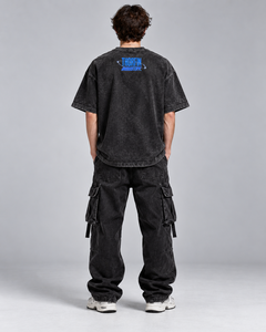 เสื้อยืดเดนิมสีดำทรงโอเวอร์ไซส์สำหรับผู้ชาย Thorfin พิมพ์ลายตัวอักษรด้านหลัง สไตล์สตรีท แขนสั้น คอกลม ผ้าฝ้ายฟอกทรงพอดีตัว - Product Image 3