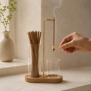 Ensemble moderne de porte-encens en bambou avec récipient en verre et support métallique pour l'aromathérapie – Brûleur d'encens inversé - Product Image 4