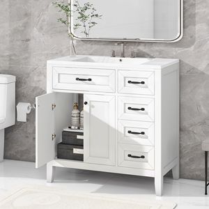 Mueble de Baño Blanco con Estructura Sólida y Cajones, Mueble de Baño de 36 Pulgadas con Lavabo, Muebles de Baño de MDF - Product Image 2