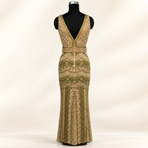 Women Gold Beaded Wedding Dress | Deep V Neck Sleeveless <b>Sequin</b> Mermaid Maxi Gown Embellished Formal Prom Gala Cocktail Luxury - Product Image 1