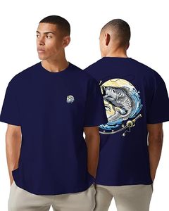 T-shirt surdimensionné pour homme, imprimé hameçon et ligne de pêche, en coton, coupe ample, manches courtes - Product Image 1