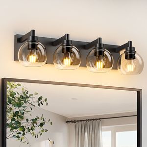 Lámpara de Baño de 4 Luces en Negro Mate, Diseño Industrial con Pantalla de Cristal Transparente y Base de Metal - Product Image 1