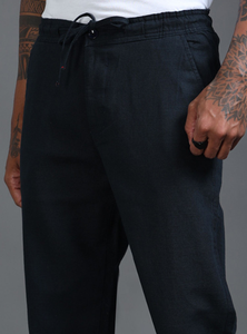 Pantalon en coton de qualité supérieure pour hommes, bleu marine uni, coupe décontractée, taille mi-haute, pantalon régulier avec quatre poches, taille élastiquée - Product Image 3