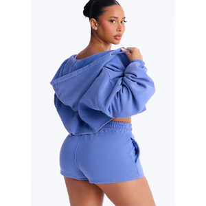 Conjunto de Chaqueta Corta con Capucha y Cremallera de Forro Polar Azul para Mujer, Novedad, Casual, Primavera Verano, Ropa de Descanso, Estilo Urbano Sólido - Product Image 5