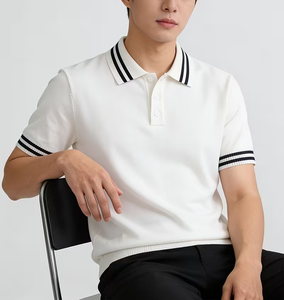 Men's Short Sleeve Solid Color Knitted Polo Shirt Regular Fit White with Black Trim Collar and Cuffs Preppy Style - Product Image 2